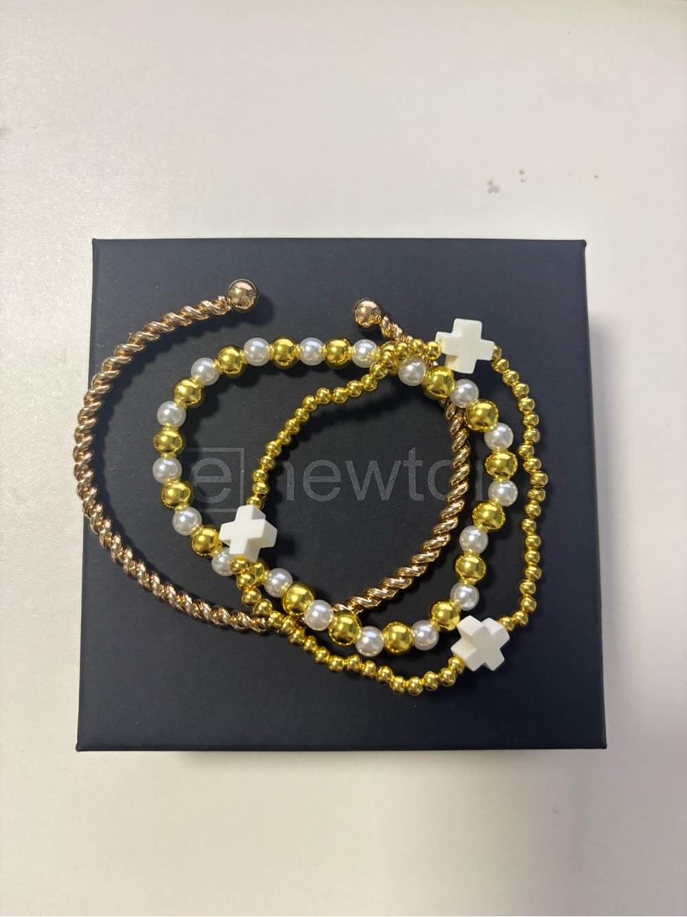 Gold and White Beaded Cross Bracelet Stack - Women's Layered Bracelet Set